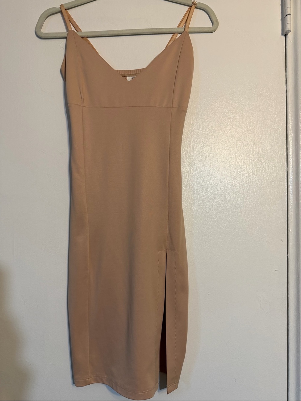 Nude Slip Midi Dress with Side Slit and V-Neck